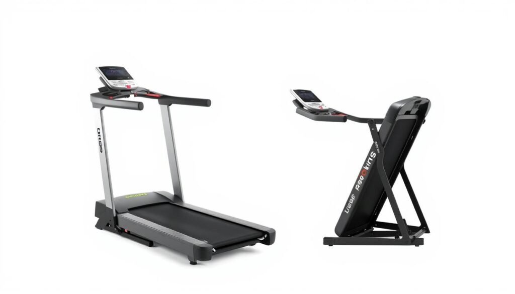 Life Fitness F3 Folding Treadmill shown in both extended and folded positions