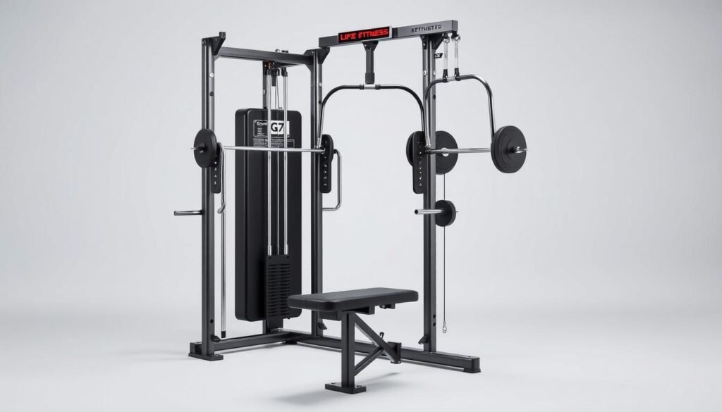 Life Fitness G7 Home Gym with dual adjustable pulley system and exercise chart