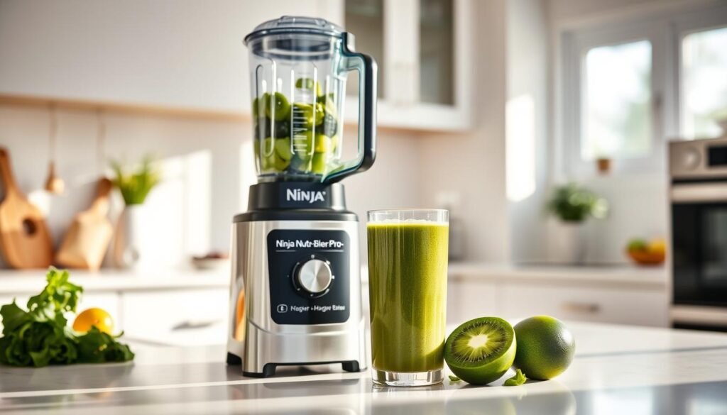 Ninja Nutri-Blender Pro blending a green smoothie for busy mornings