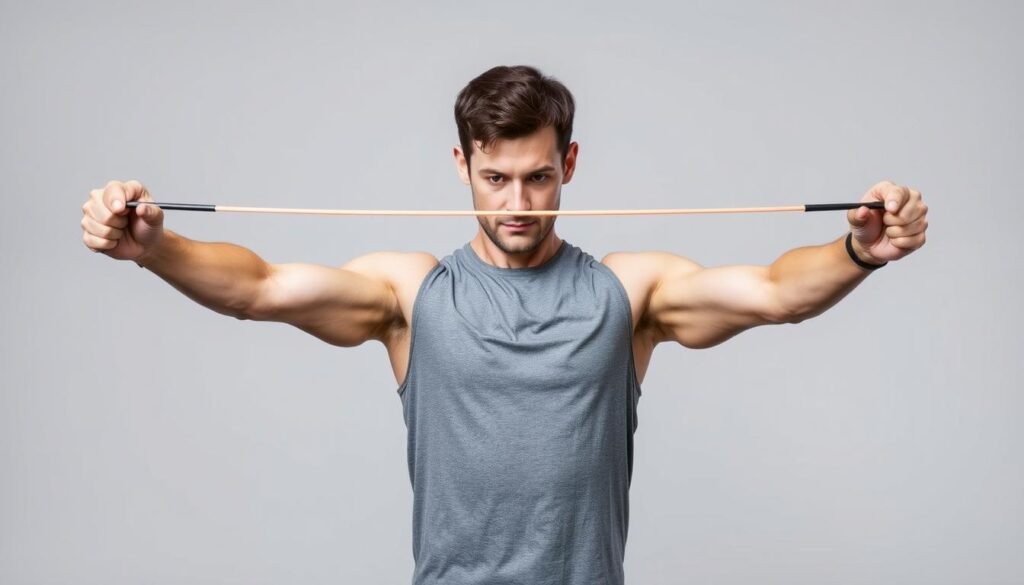 Person demonstrating resistance band pull-apart for upper back and arm toning