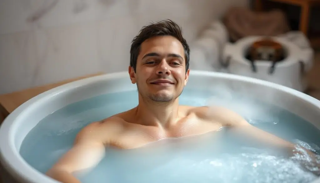 Person enjoying a cold plunge tub at home with steam rising from the water