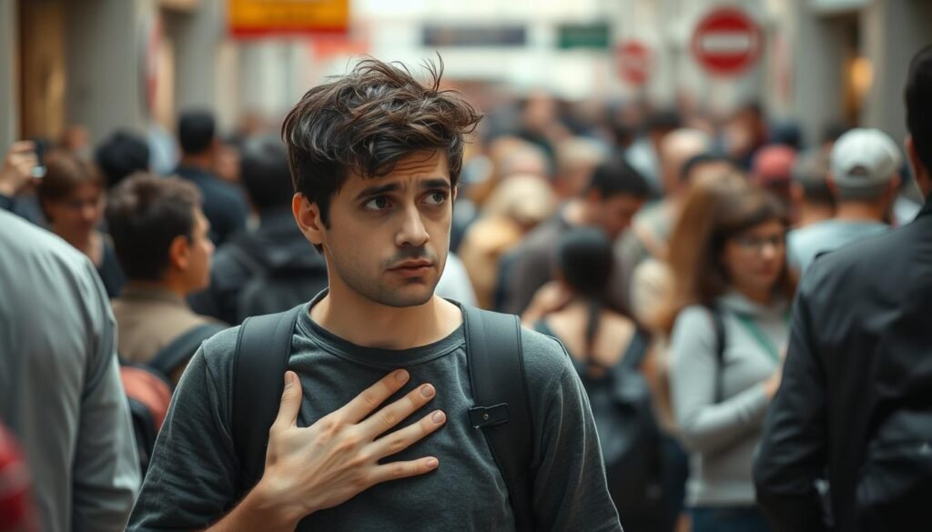 Person experiencing anxiety symptoms of agoraphobia in a crowded public space