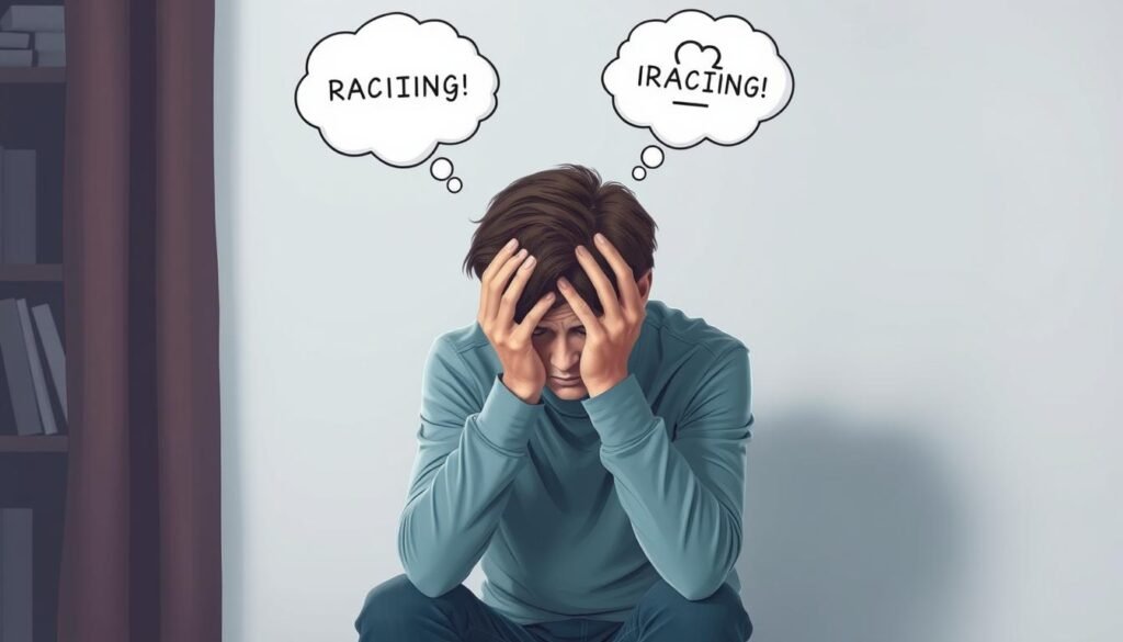 Person experiencing anxiety symptoms with visualization of racing thoughts