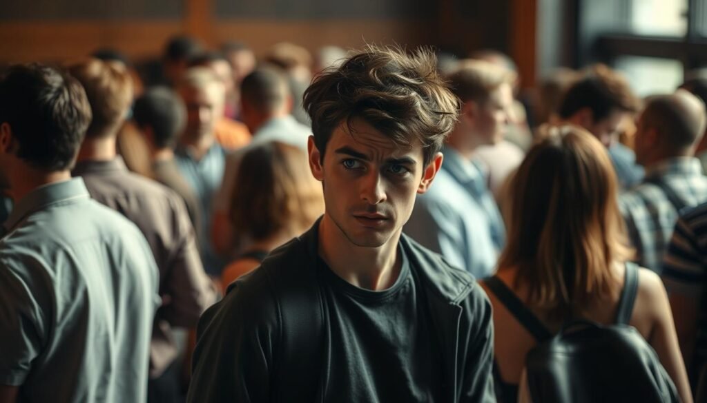 Person looking anxious in a crowded room, illustrating social anxiety