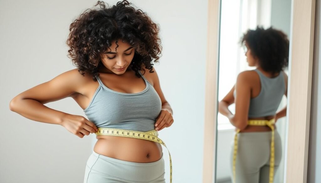 Person measuring waist circumference to track weight problems