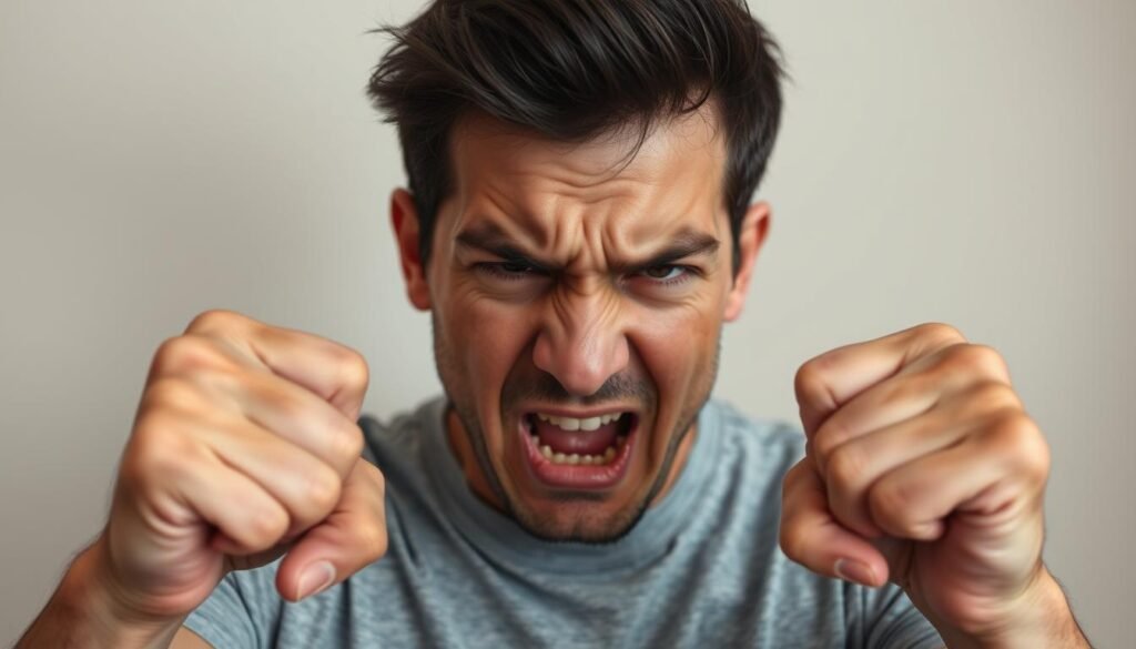 Person showing visible signs of anger problems with clenched fists and tense facial expression
