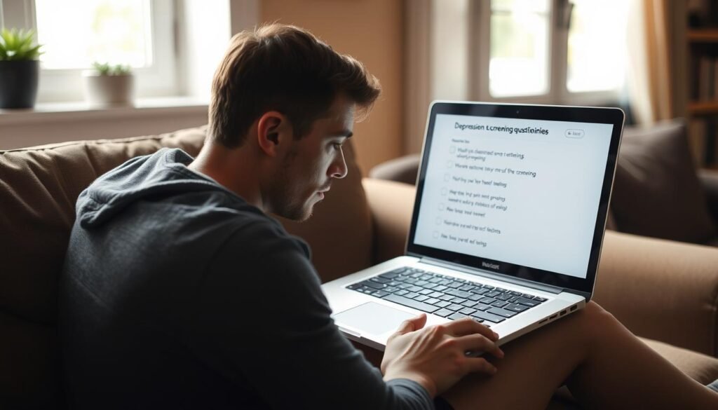 Person taking an online depression test on a laptop