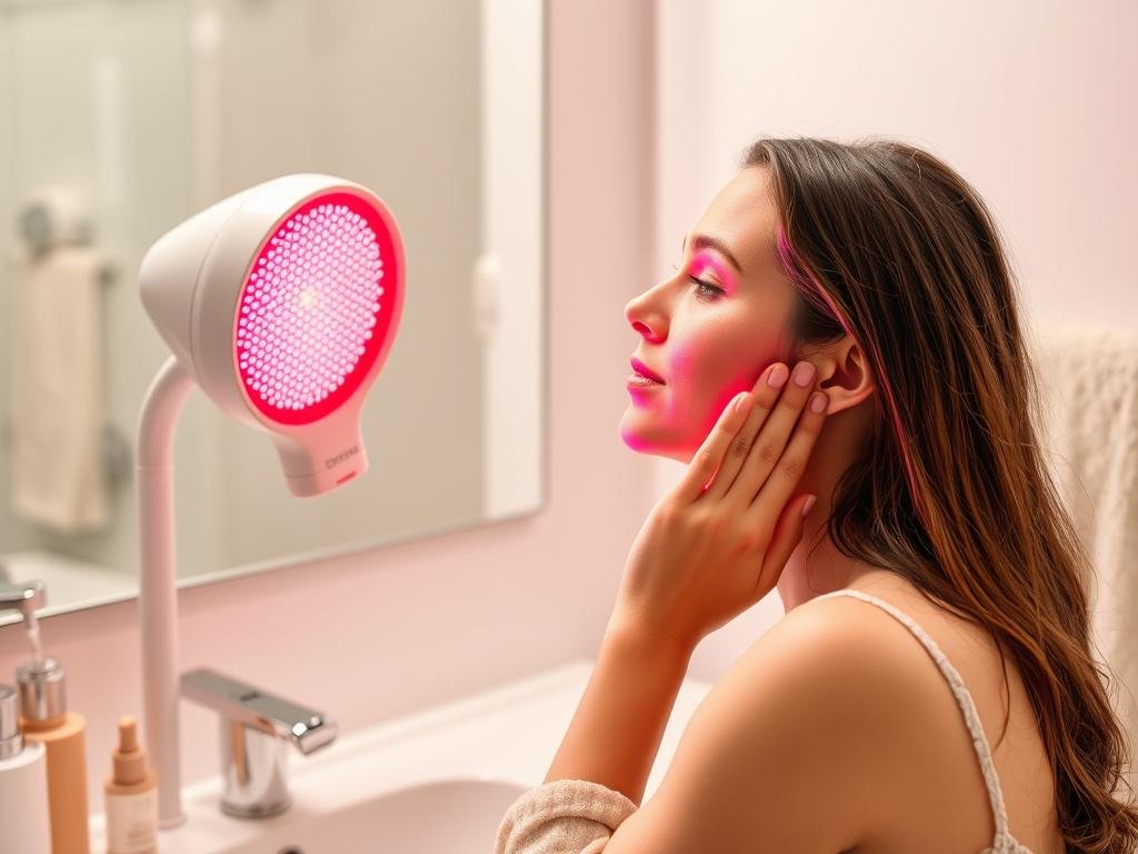 Person using a red light therapy device as part of their skincare routine