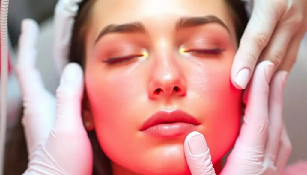 Red light therapy treatment on face showing the red glow on skin