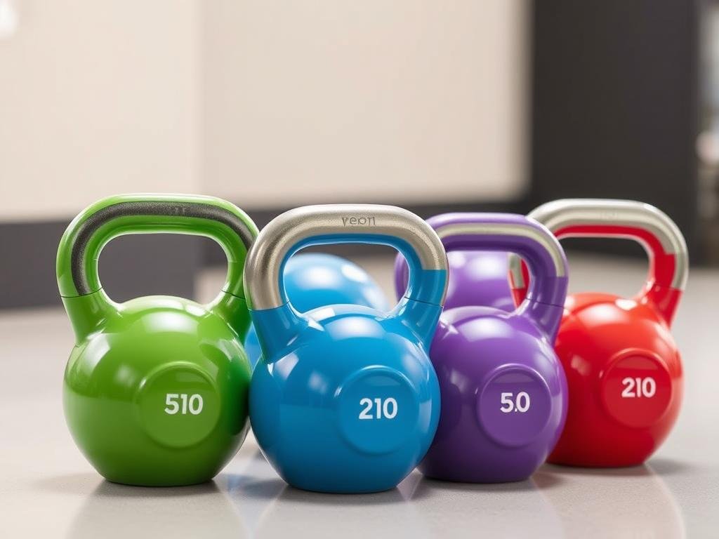 Set of vinyl-coated kettlebells in different weights and colors