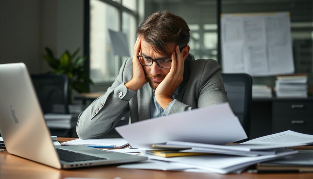 Stressed employee sitting at desk showing signs of burnout and mental health challenges