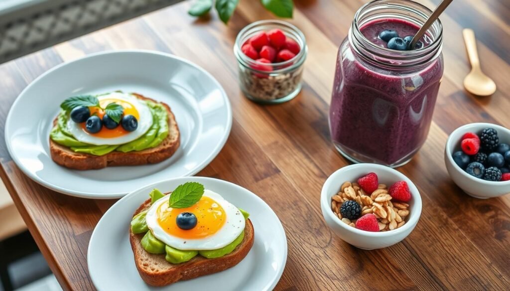 A vibrant breakfast spread featuring hormone-balancing ingredients including avocado toast, berry smoothie bowl, and chia seed pudding
