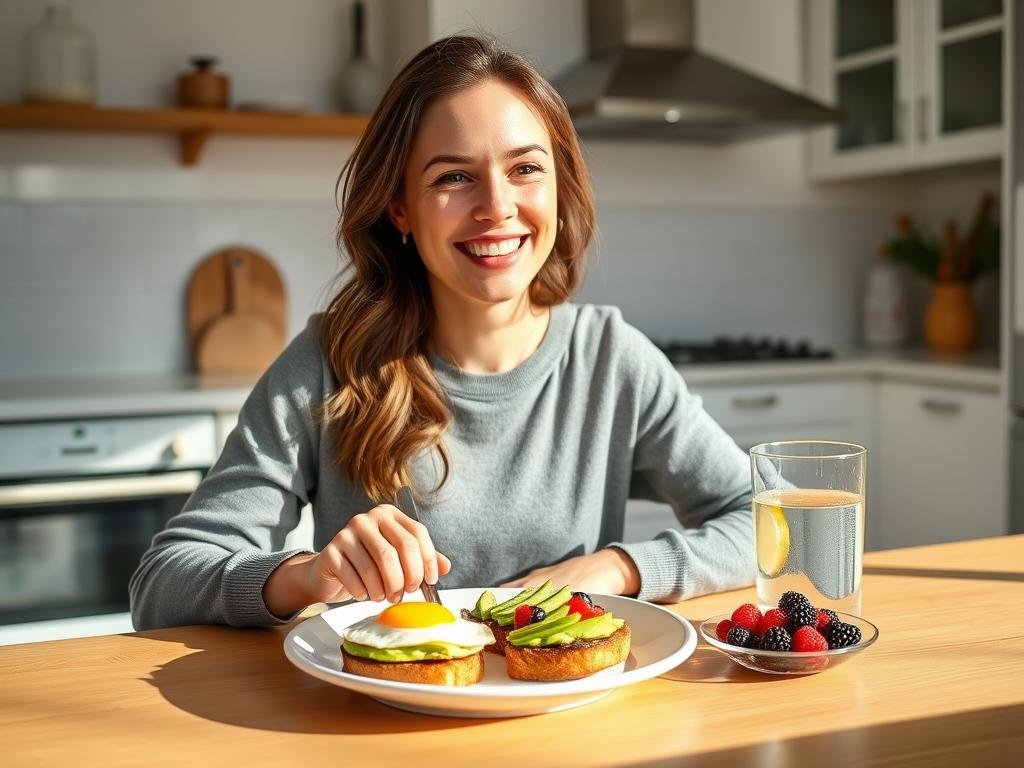 A woman enjoying a nutritious hormone-balancing breakfast at her kitchen table