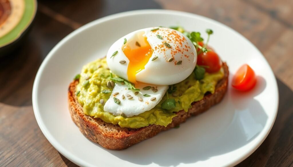 Adaptogen-rich avocado toast with maca powder, topped with a poached egg and microgreens