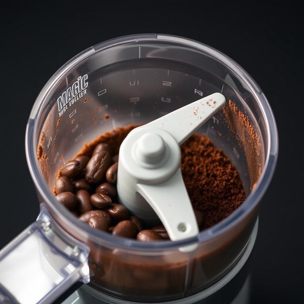 Coffee beans being ground in Magic Bullet with flat blade