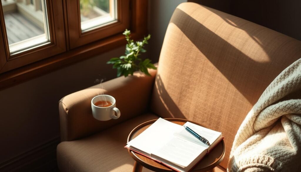 Cozy journaling space with soft blanket, tea, and journal on comfortable chair by window