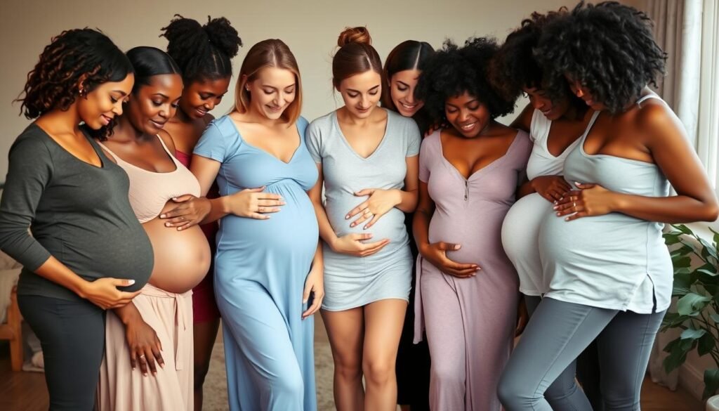 Diverse group of new mothers with different postpartum experiences