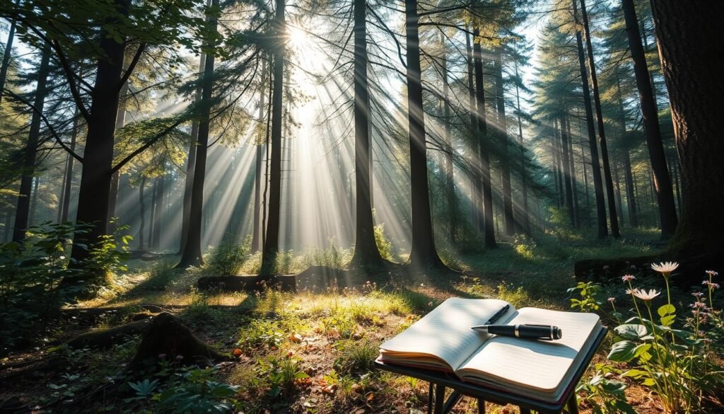 Forest clearing with sunlight streaming through trees and journal
