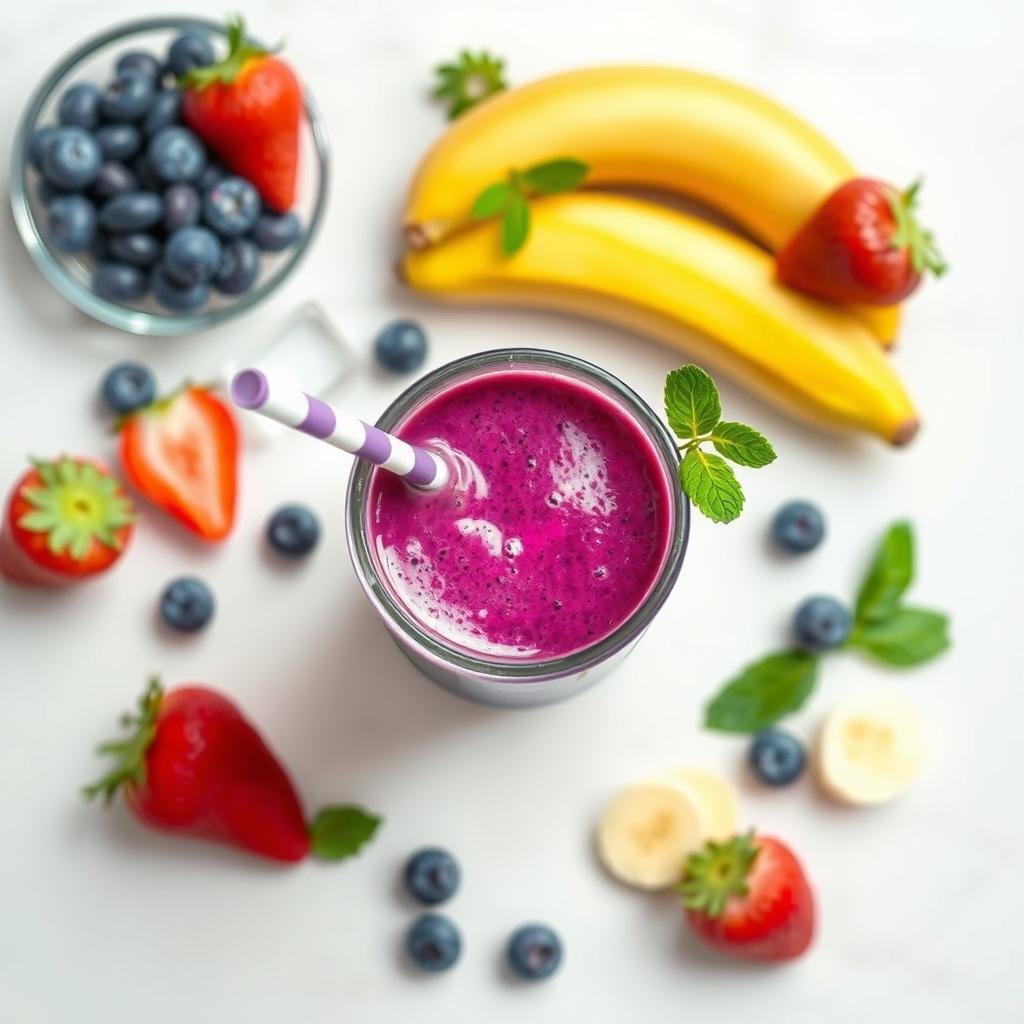 Freshly made berry smoothie in Magic Bullet cup with ingredients around it