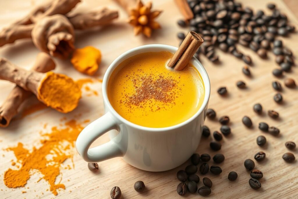 Golden cinnamon turmeric latte in a white mug with ingredients displayed