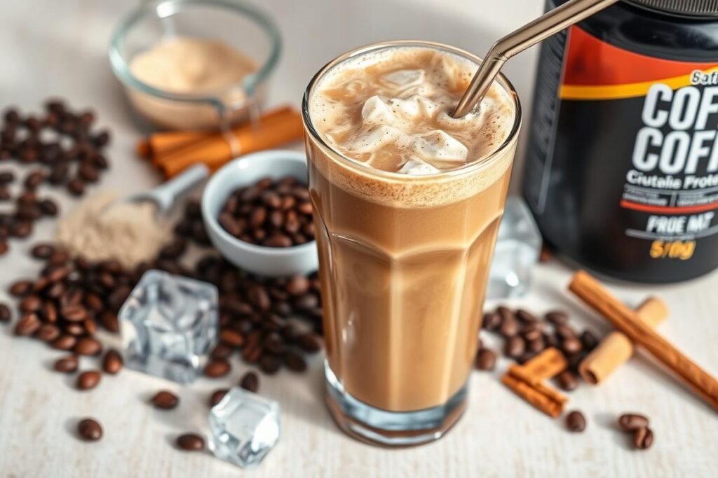 Iced coffee protein shake in a glass with ingredients nearby
