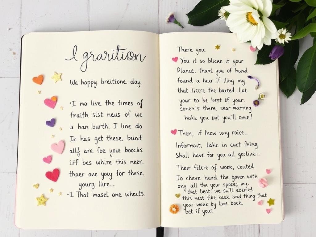 Journal page with gratitude list and positive affirmations surrounded by small drawings of hearts and stars
