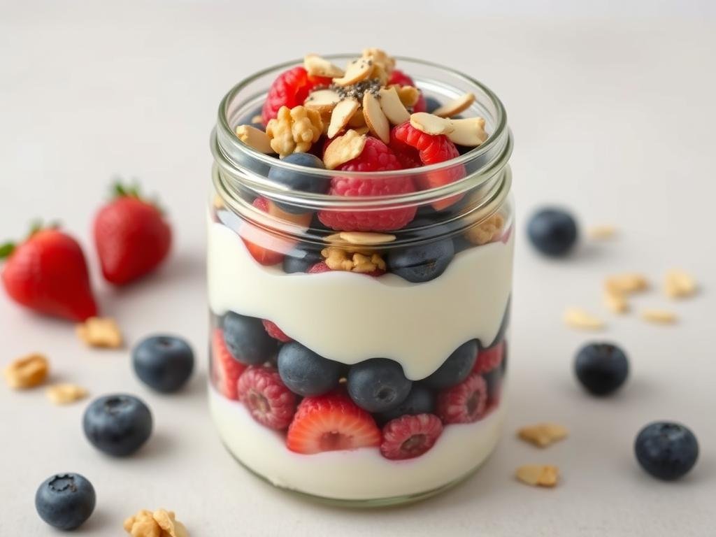 Layered Greek yogurt parfait with berries, nuts and seeds in a glass jar