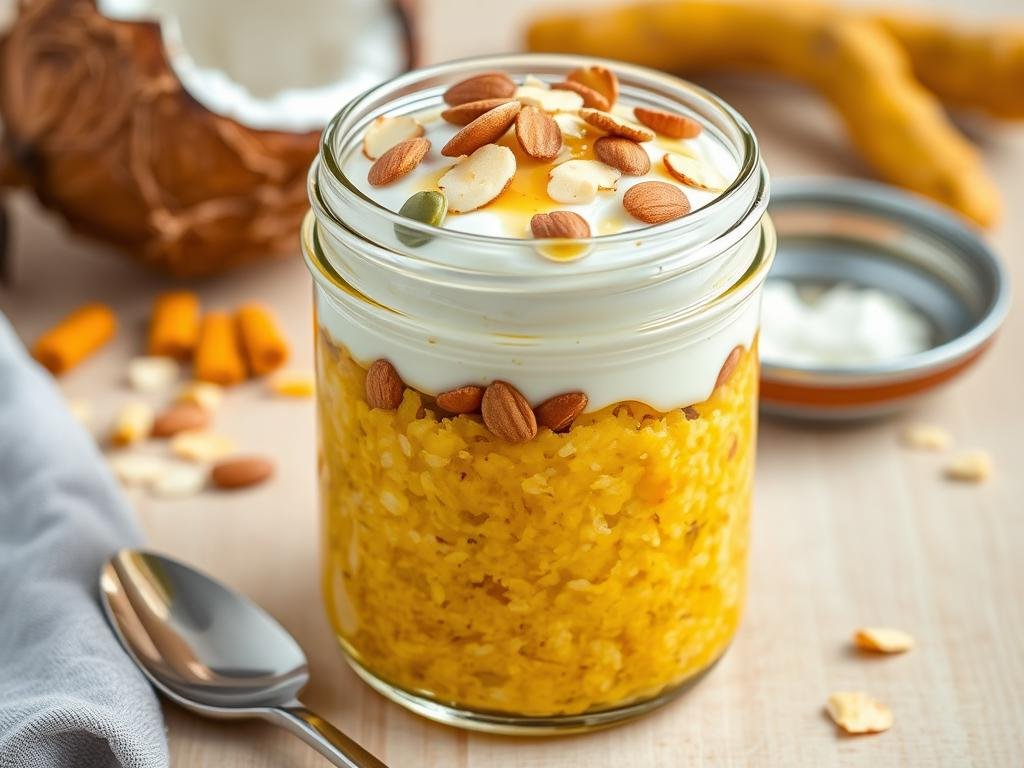 Layered turmeric-coconut overnight oats in a glass jar topped with nuts and seeds