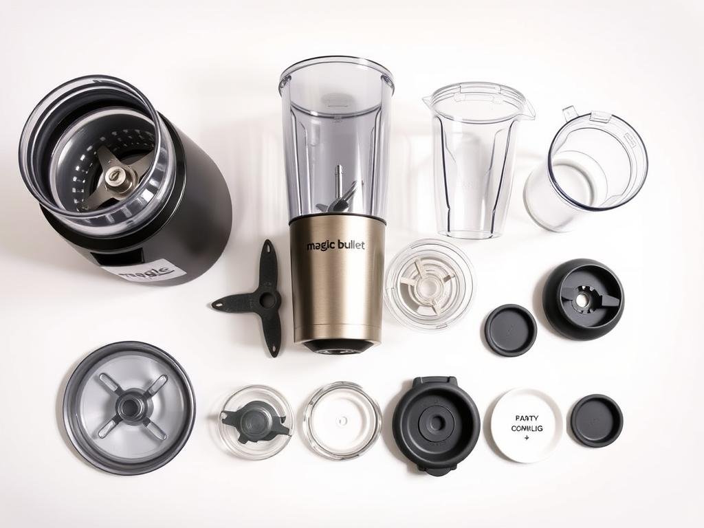 Magic Bullet Blender components disassembled showing base, cups, and blades
