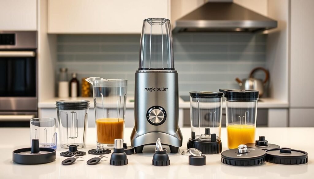 Magic Bullet Blender with accessories displayed on kitchen counter