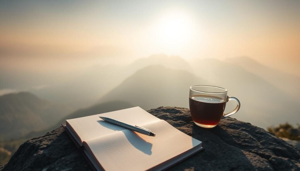 Misty mountain sunrise with journal and pen on a rock