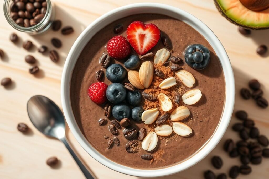 Mocha avocado smoothie bowl topped with berries, nuts and cacao nibs