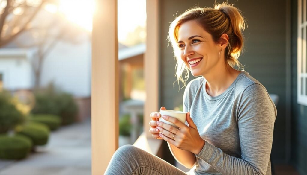 Mom enjoying morning coffee while looking energized and accomplished
