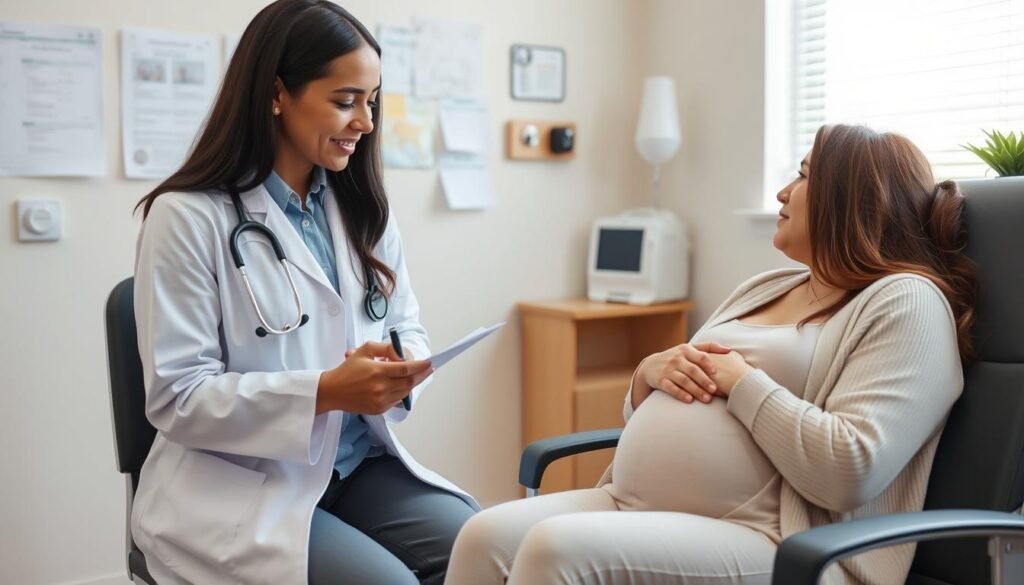 Mother at postpartum checkup with healthcare provider