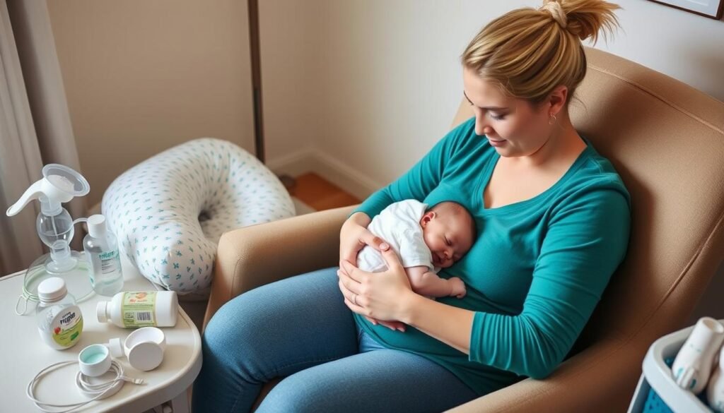 Mother breastfeeding newborn with supportive supplies nearby