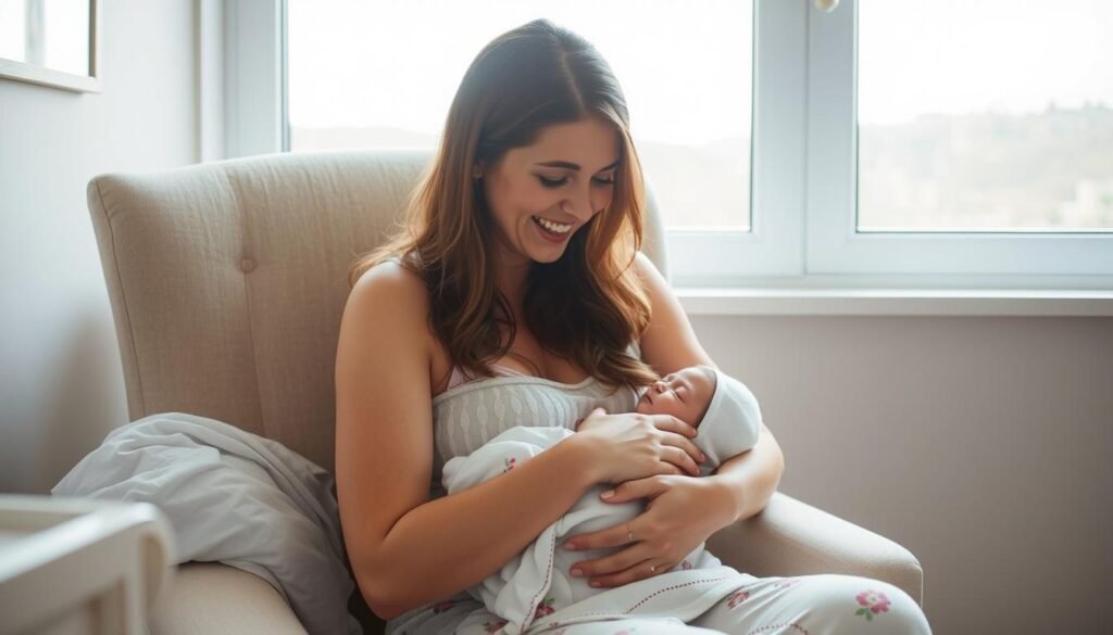 Mother experiencing emotional changes while holding newborn