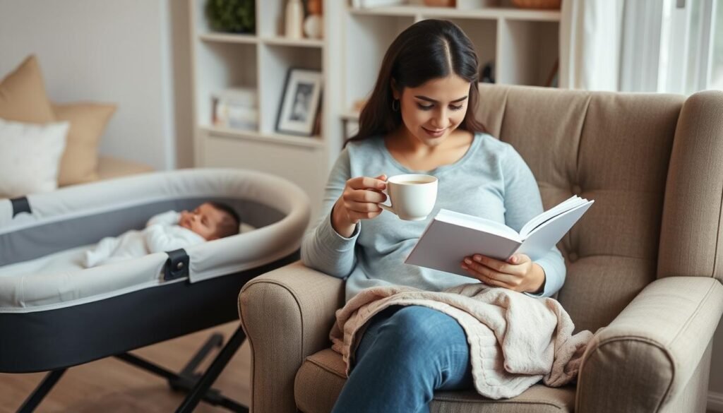 Mother practicing self-care while baby sleeps nearby