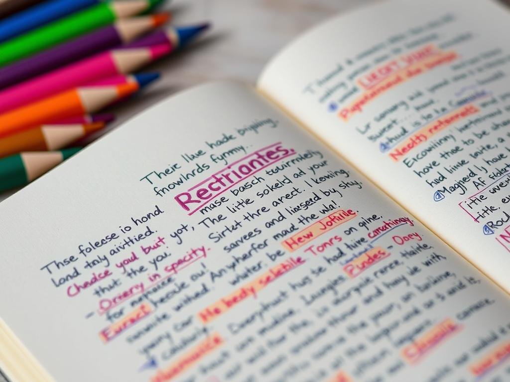 Open journal with colorful pens and emotional words written on pages, representing emotional release through journaling