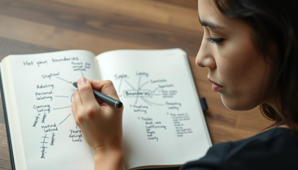 Person drawing boundary lines in journal with calm, determined expression, symbolizing setting healthy limits