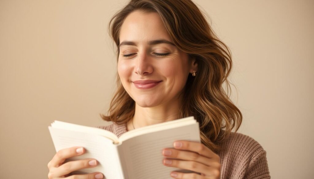 Person looking peaceful after journaling, with closed journal and serene expression, symbolizing mental reset