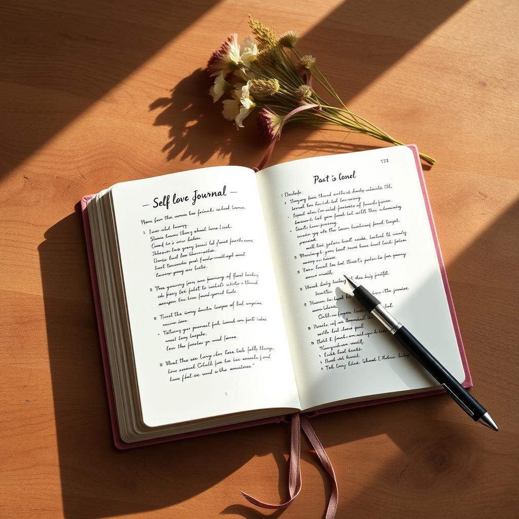 Self-love journal open to a prompt page with pen and flowers