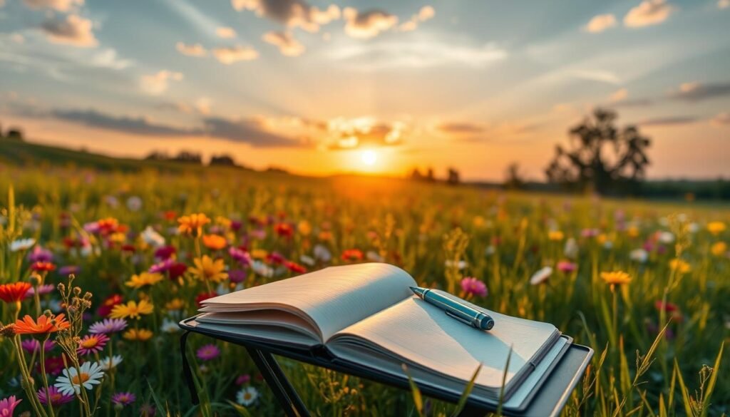 Sunrise over meadow with journal and wildflowers