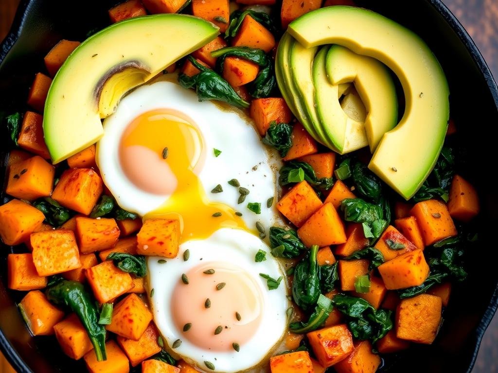Sweet potato breakfast hash with spinach, eggs and avocado in a cast iron skillet