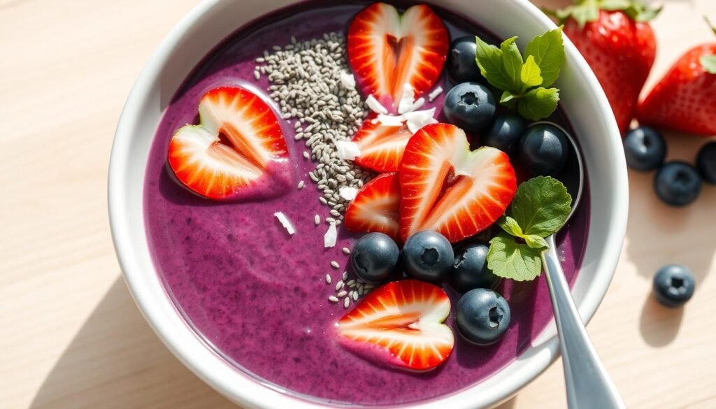 Vibrant berry and greens smoothie bowl topped with chia seeds, coconut flakes, and fresh berries