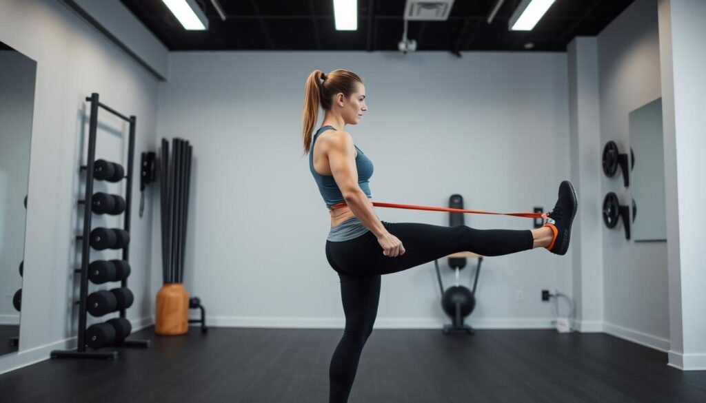 Woman demonstrating proper form for glute band exercises