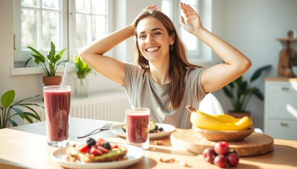 Woman enjoying increased energy and wellbeing from hormone-balancing breakfast habits