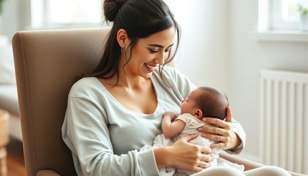Woman experiencing postpartum physical changes while holding her baby