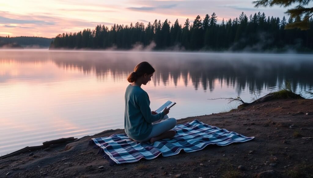 Woman journaling by a peaceful lake at dawn