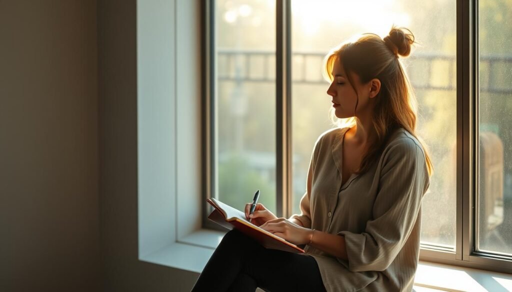 Woman journaling by window with sunlight streaming in, creating a peaceful atmosphere for confronting fears