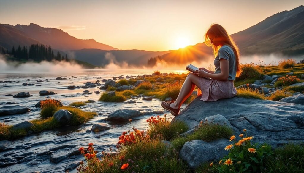 Woman writing in journal by mountain stream at sunrise